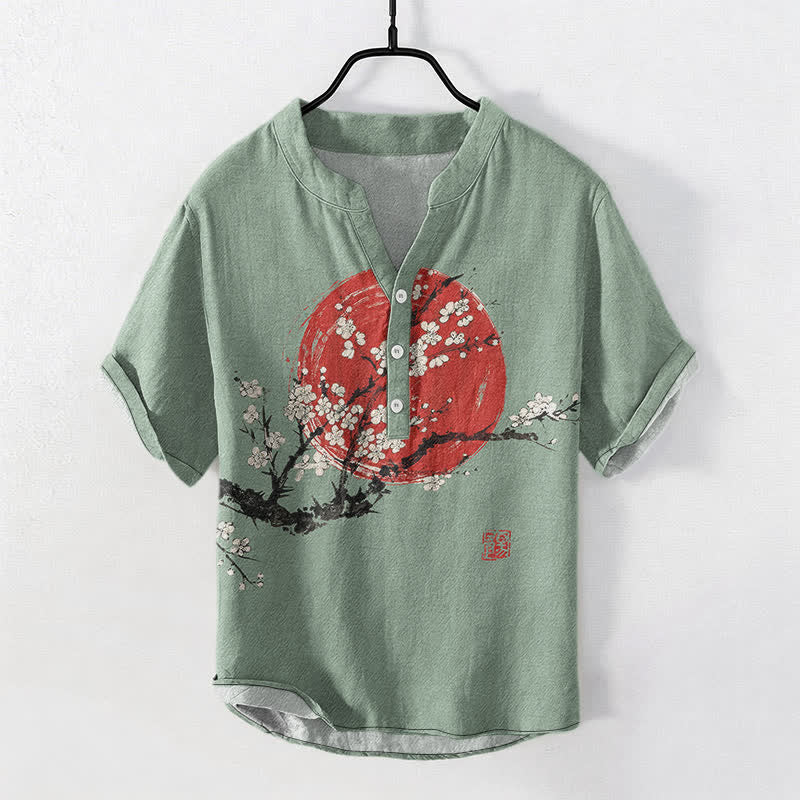 Buddha Stones Cotton Ink Plum Blossom Sun Pattern Men's Short Sleeve Half Button Shirt - DarkSeaGreen - US/UK/AU50，EU60 (5XL) - image 7