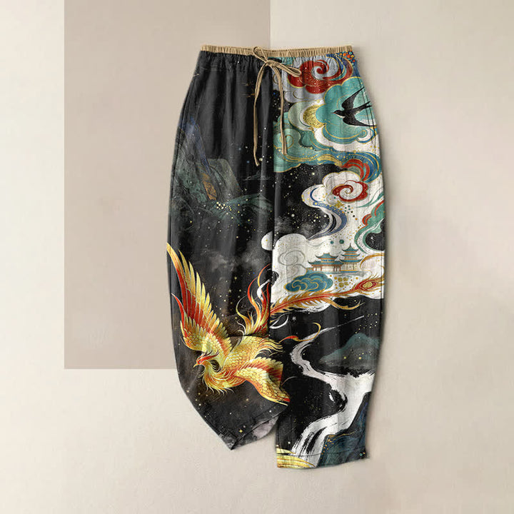 Buddha Stones Pure Cotton Elegant Phoenix Cloud Pattern Women's Elastic Waist Pants With Pockets - Black - US16，UK/AU20，EU48 (3XL) - image 0
