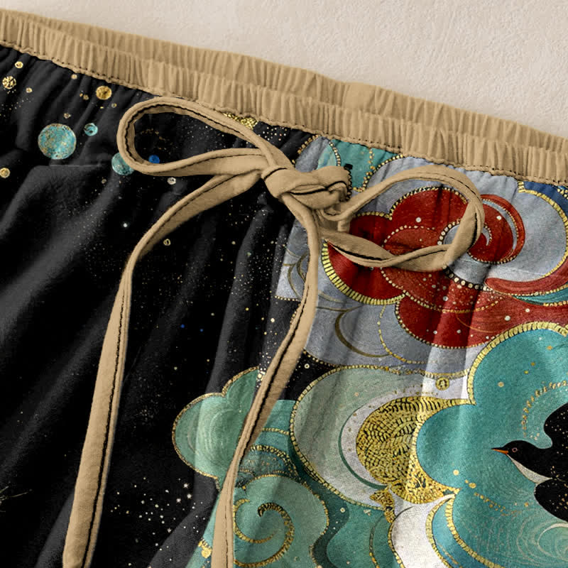 Buddha Stones Pure Cotton Elegant Phoenix Cloud Pattern Women's Elastic Waist Pants With Pockets - image 1