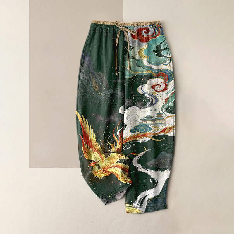 Buddha Stones Pure Cotton Elegant Phoenix Cloud Pattern Women's Elastic Waist Pants With Pockets - DarkGreen - US16，UK/AU20，EU48 (3XL) - image 4
