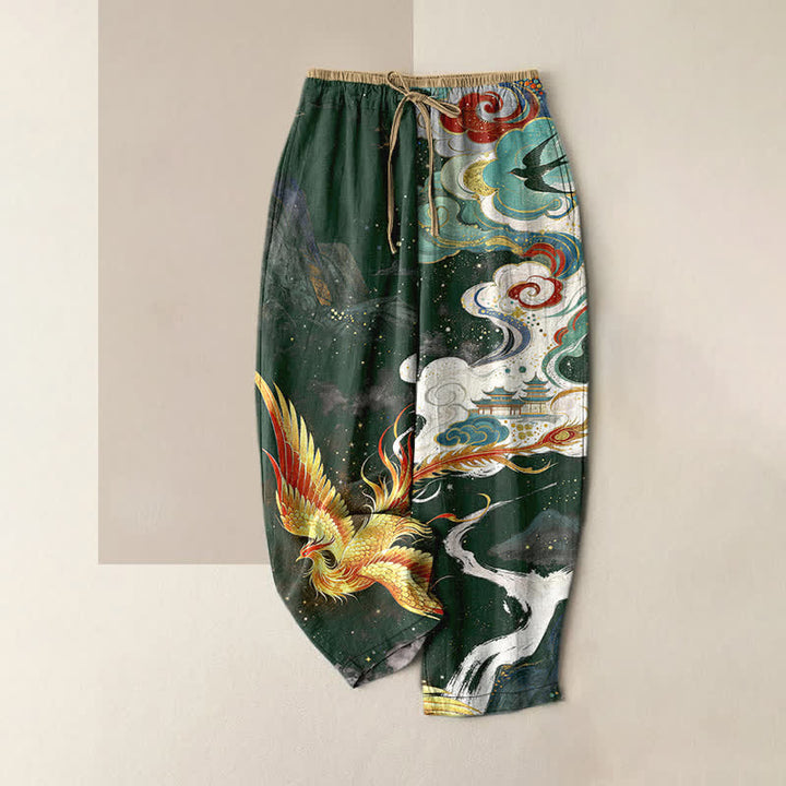 Buddha Stones Pure Cotton Elegant Phoenix Cloud Pattern Women's Elastic Waist Pants With Pockets - DarkGreen - US16，UK/AU20，EU48 (3XL) - image 4