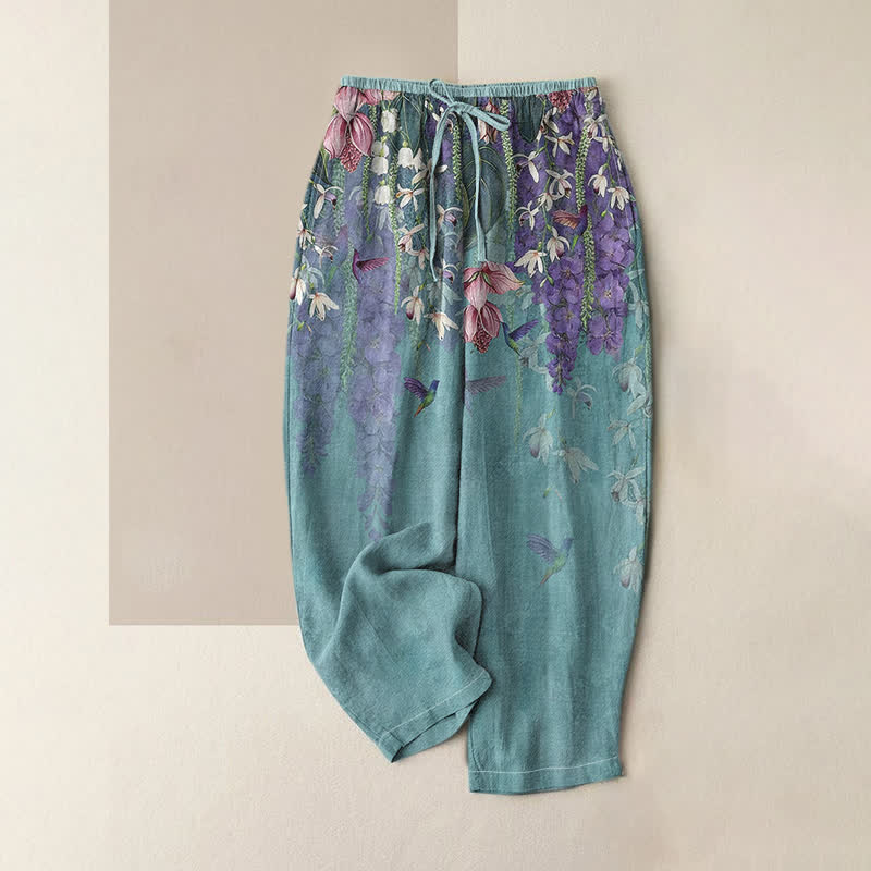 Buddha Stones Pure Cotton Floral Bird Pattern Women's Elastic Waist Pants With Pockets - Turquoise - US16，UK/AU20，EU48 (3XL) - image 0