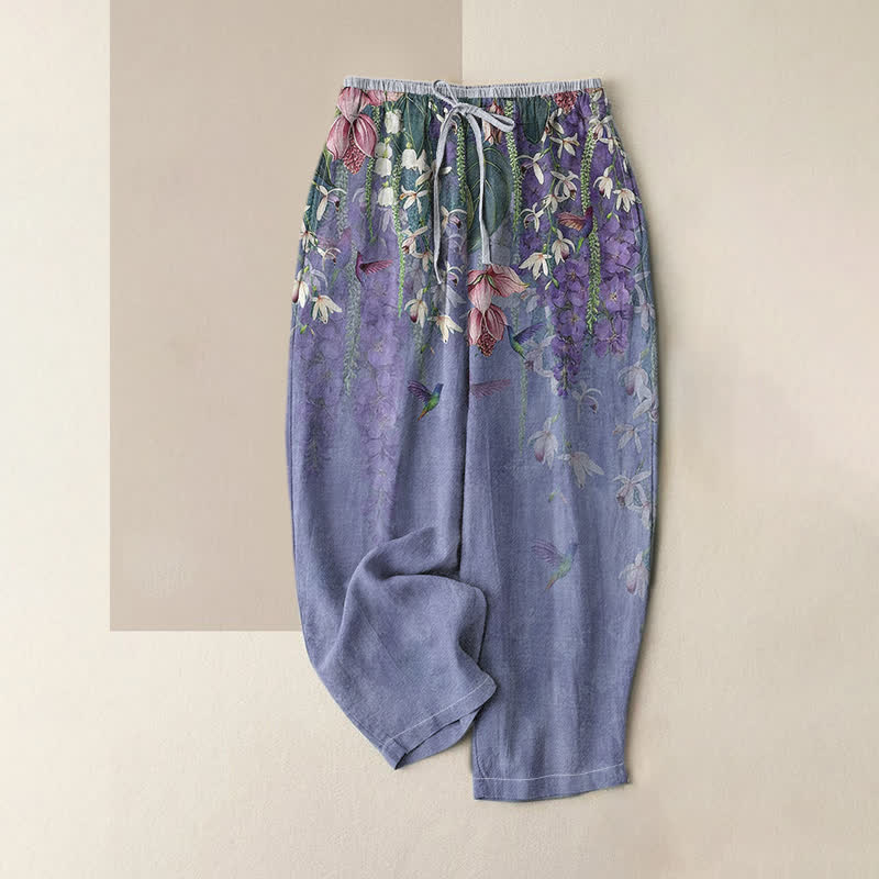 Buddha Stones Pure Cotton Floral Bird Pattern Women's Elastic Waist Pants With Pockets - MediumPurple - US16，UK/AU20，EU48 (3XL) - image 4