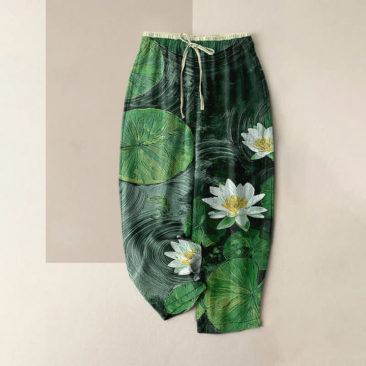 Buddha Stones Pure Cotton Lotus Pond Pattern Women's Elastic Waist Pants With Pockets - DarkGreen - US16，UK/AU20，EU48 (3XL) - image 5