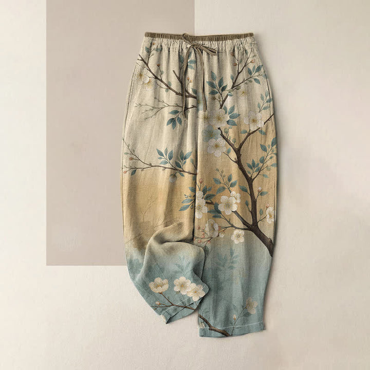 Buddha Stones Pure Cotton Ink Blossom Branch Pattern Women's Elastic Waist Pants With Pockets - Beige - US16，UK/AU20，EU48 (3XL) - image 0