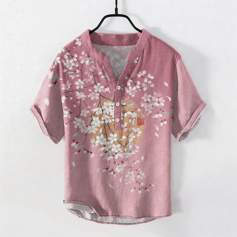 Buddha Stones Cotton Sakura Branch Sun Pattern Men's Short Sleeve Half Button Shirt - PaleVioletRed - US/UK/AU50，EU60 (5XL) - image 0