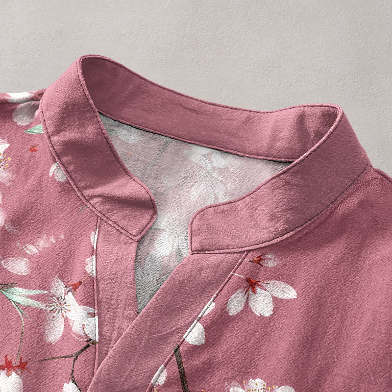 Buddha Stones Cotton Sakura Branch Sun Pattern Men's Short Sleeve Half Button Shirt - image 2