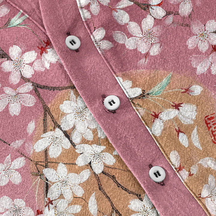 Buddha Stones Cotton Sakura Branch Sun Pattern Men's Short Sleeve Half Button Shirt - image 3