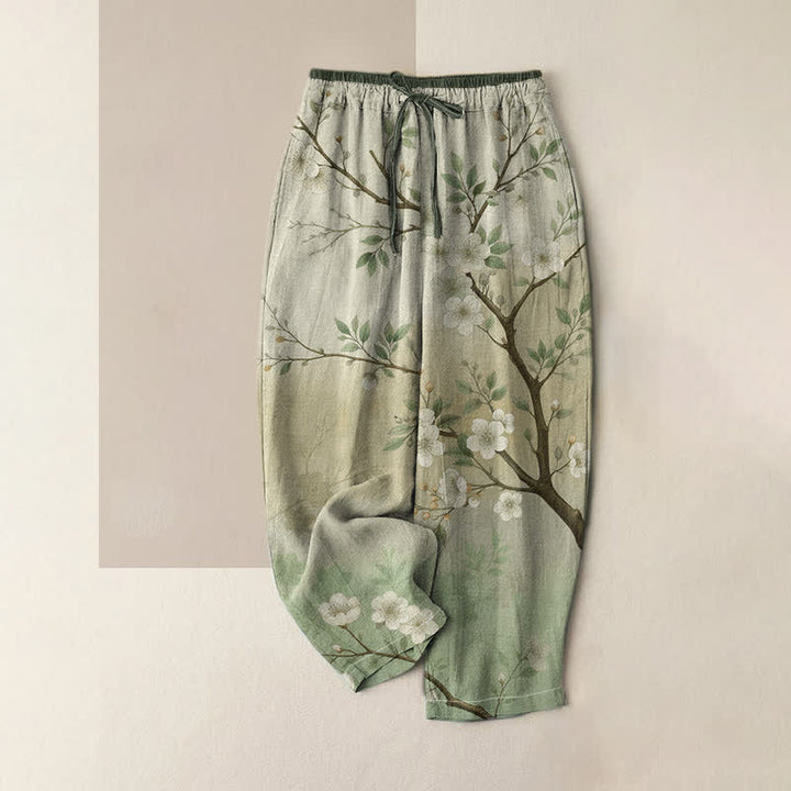 Buddha Stones Pure Cotton Ink Blossom Branch Pattern Women's Elastic Waist Pants With Pockets - PaleGreen - US16，UK/AU20，EU48 (3XL) - image 3