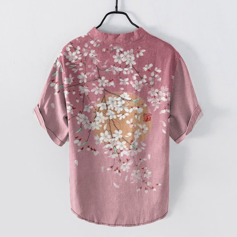 Buddha Stones Cotton Sakura Branch Sun Pattern Men's Short Sleeve Half Button Shirt - image 1