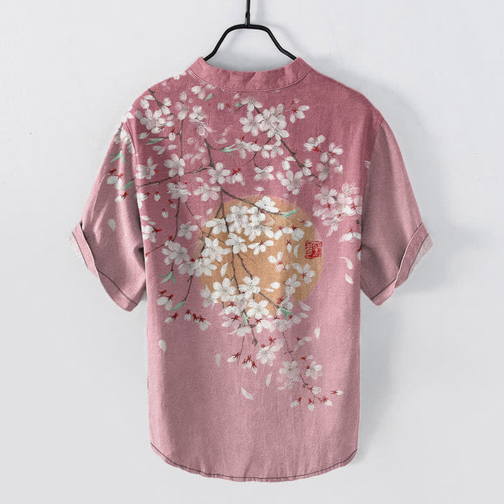 Buddha Stones Cotton Sakura Branch Sun Pattern Men's Short Sleeve Half Button Shirt - image 1