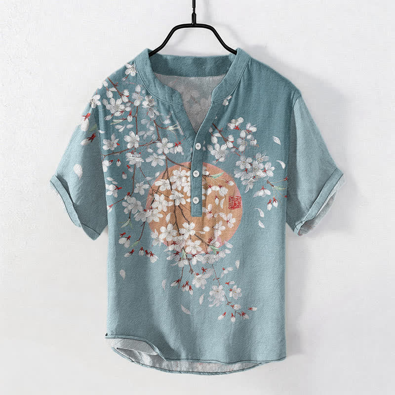 Buddha Stones Cotton Sakura Branch Sun Pattern Men's Short Sleeve Half Button Shirt - CadetBlue - US/UK/AU50，EU60 (5XL) - image 5