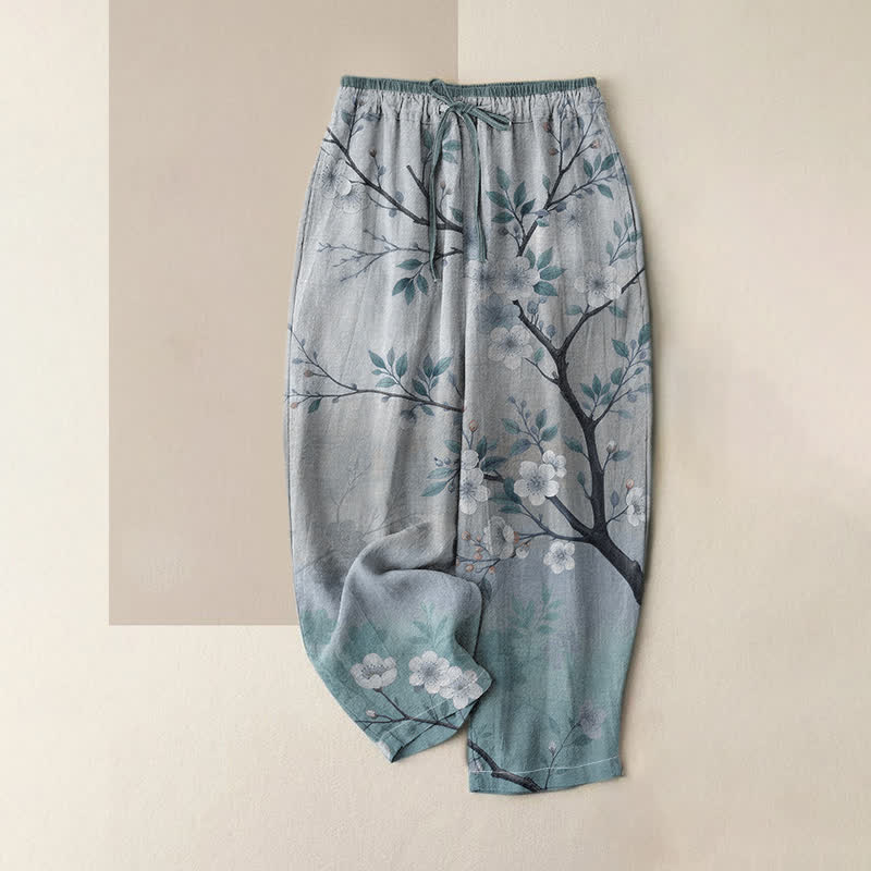 Buddha Stones Pure Cotton Ink Blossom Branch Pattern Women's Elastic Waist Pants With Pockets - CadetBlue - US16，UK/AU20，EU48 (3XL) - image 4
