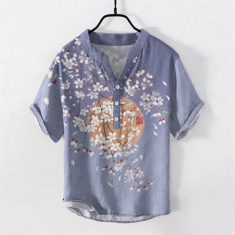 Buddha Stones Cotton Sakura Branch Sun Pattern Men's Short Sleeve Half Button Shirt - MediumPurple - US/UK/AU50，EU60 (5XL) - image 7