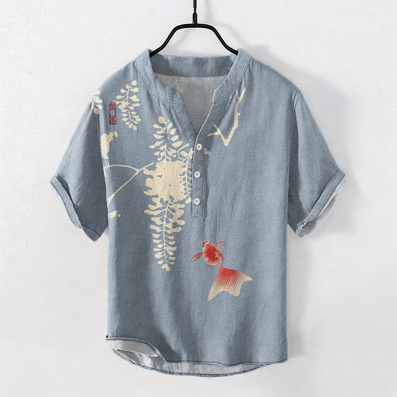 Buddha Stones Cotton Koi Fish Floral Vine Pattern Men's Short Sleeve Half Button Shirt - LightBlue - US/UK/AU50，EU60 (5XL) - image 0
