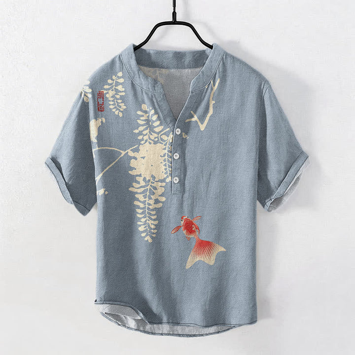 Buddha Stones Cotton Koi Fish Floral Vine Pattern Men's Short Sleeve Half Button Shirt - LightBlue - US/UK/AU50，EU60 (5XL) - image 0