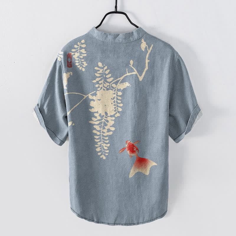 Buddha Stones Cotton Koi Fish Floral Vine Pattern Men's Short Sleeve Half Button Shirt - image 1