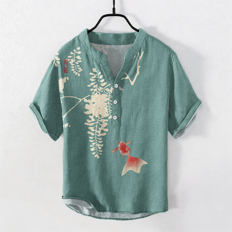 Buddha Stones Cotton Koi Fish Floral Vine Pattern Men's Short Sleeve Half Button Shirt - MediumAquamarine - US/UK/AU50，EU60 (5XL) - image 5
