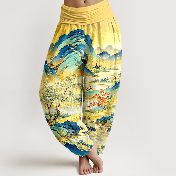 Buddha Stones Cotton Oriental Landscape Painting Pattern Women's Elastic Waist Harem Pants - Yellow - US16，UK/AU20，EU48 (3XL) - image 0