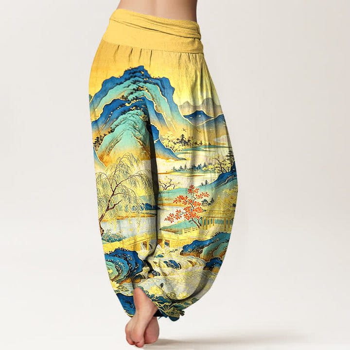 Buddha Stones Cotton Oriental Landscape Painting Pattern Women's Elastic Waist Harem Pants - image 2