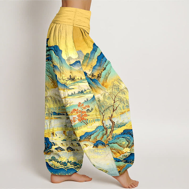 Buddha Stones Cotton Oriental Landscape Painting Pattern Women's Elastic Waist Harem Pants - image 1