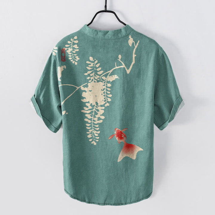 Buddha Stones Cotton Koi Fish Floral Vine Pattern Men's Short Sleeve Half Button Shirt - image 6