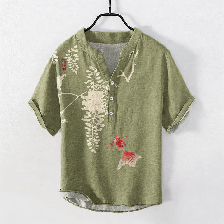 Buddha Stones Cotton Koi Fish Floral Vine Pattern Men's Short Sleeve Half Button Shirt - OliveDrab - US/UK/AU50，EU60 (5XL) - image 7