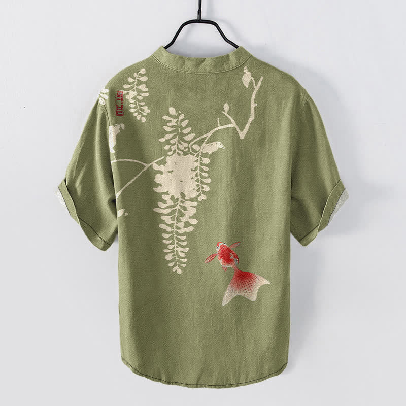 Buddha Stones Cotton Koi Fish Floral Vine Pattern Men's Short Sleeve Half Button Shirt - image 8