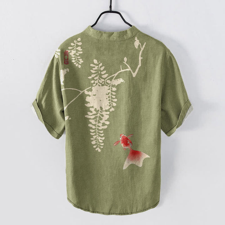 Buddha Stones Cotton Koi Fish Floral Vine Pattern Men's Short Sleeve Half Button Shirt - image 8