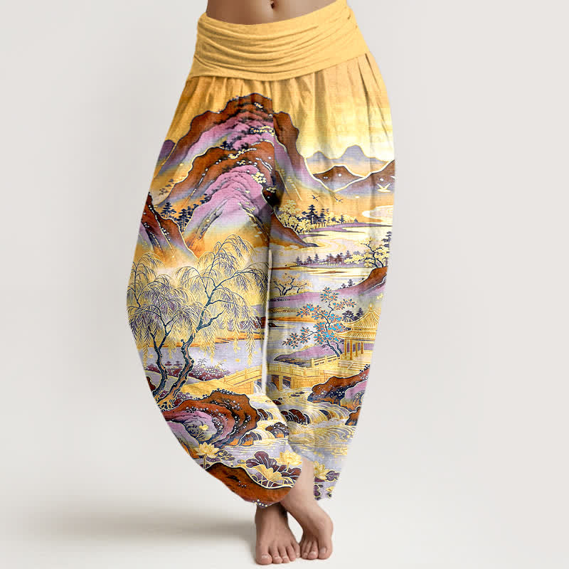 Buddha Stones Cotton Oriental Landscape Painting Pattern Women's Elastic Waist Harem Pants - Gold - US16，UK/AU20，EU48 (3XL) - image 5
