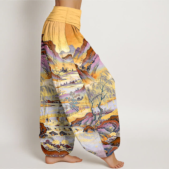 Buddha Stones Cotton Oriental Landscape Painting Pattern Women's Elastic Waist Harem Pants - image 6