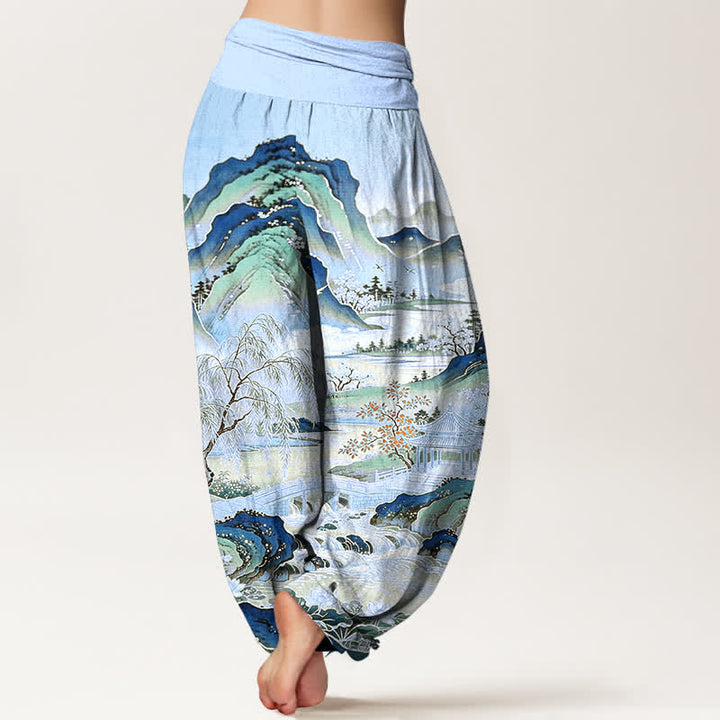 Buddha Stones Cotton Oriental Landscape Painting Pattern Women's Elastic Waist Harem Pants - image 10