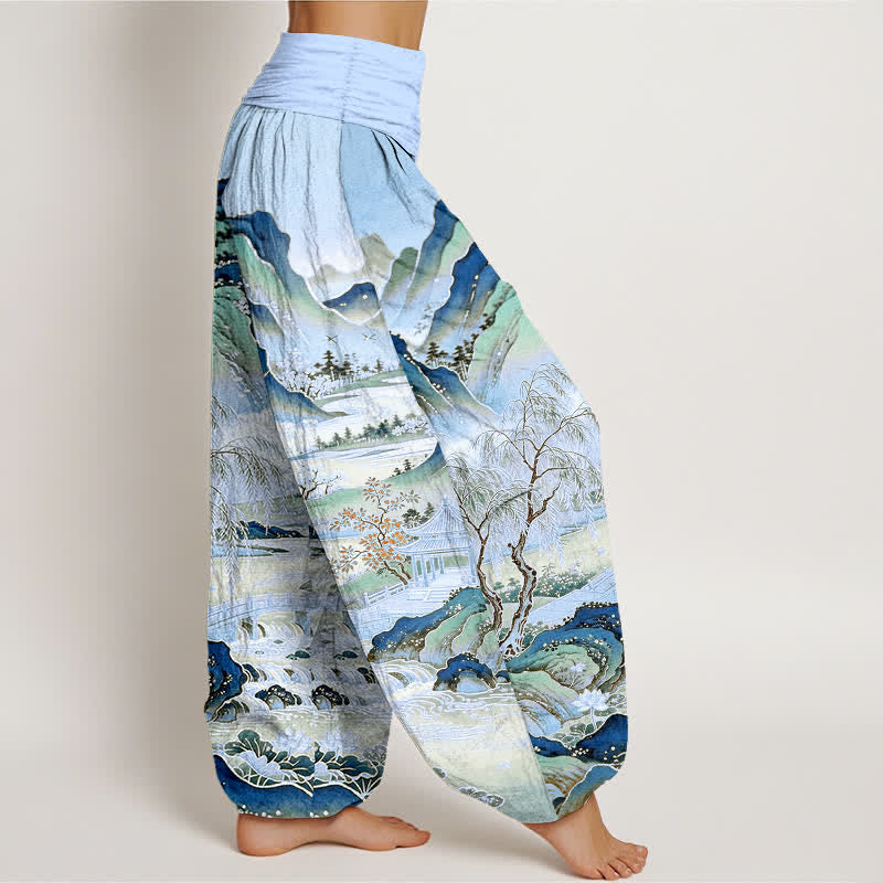 Buddha Stones Cotton Oriental Landscape Painting Pattern Women's Elastic Waist Harem Pants - image 9