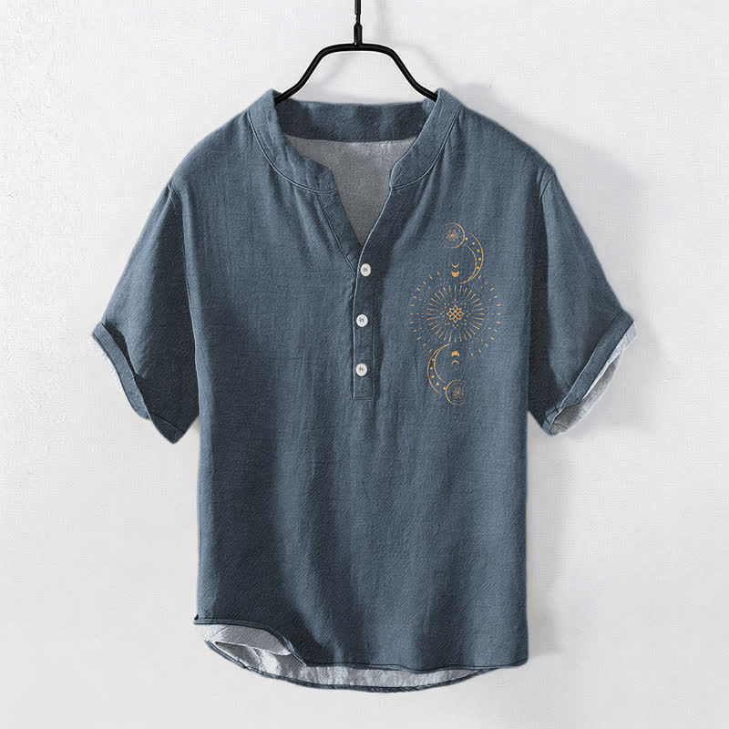 Buddha Stones Cotton Sun Moon Star Pattern Men's Short Sleeve Half Button Shirt - SteelBlue - US/UK/AU50，EU60 (5XL) - image 0