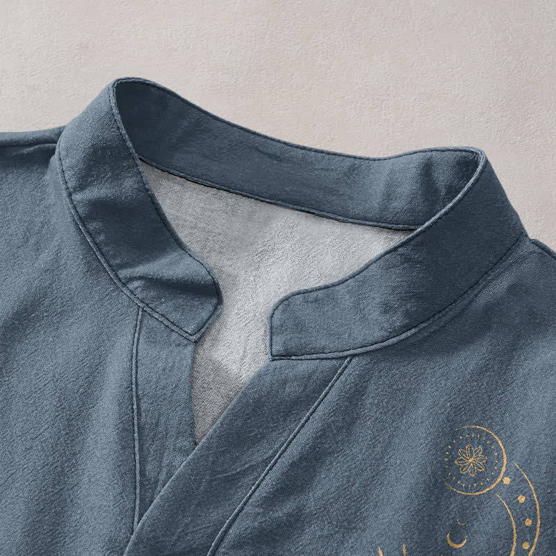 Buddha Stones Cotton Sun Moon Star Pattern Men's Short Sleeve Half Button Shirt - image 2