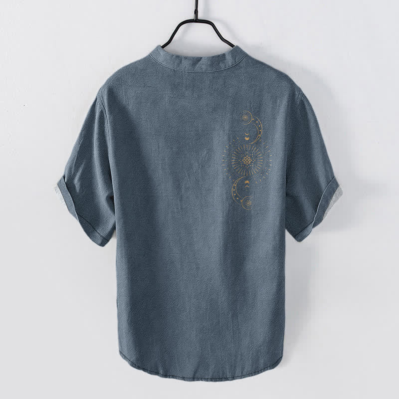 Buddha Stones Cotton Sun Moon Star Pattern Men's Short Sleeve Half Button Shirt - image 1
