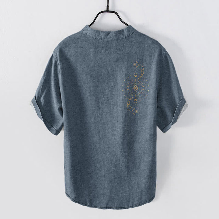 Buddha Stones Cotton Sun Moon Star Pattern Men's Short Sleeve Half Button Shirt - image 1