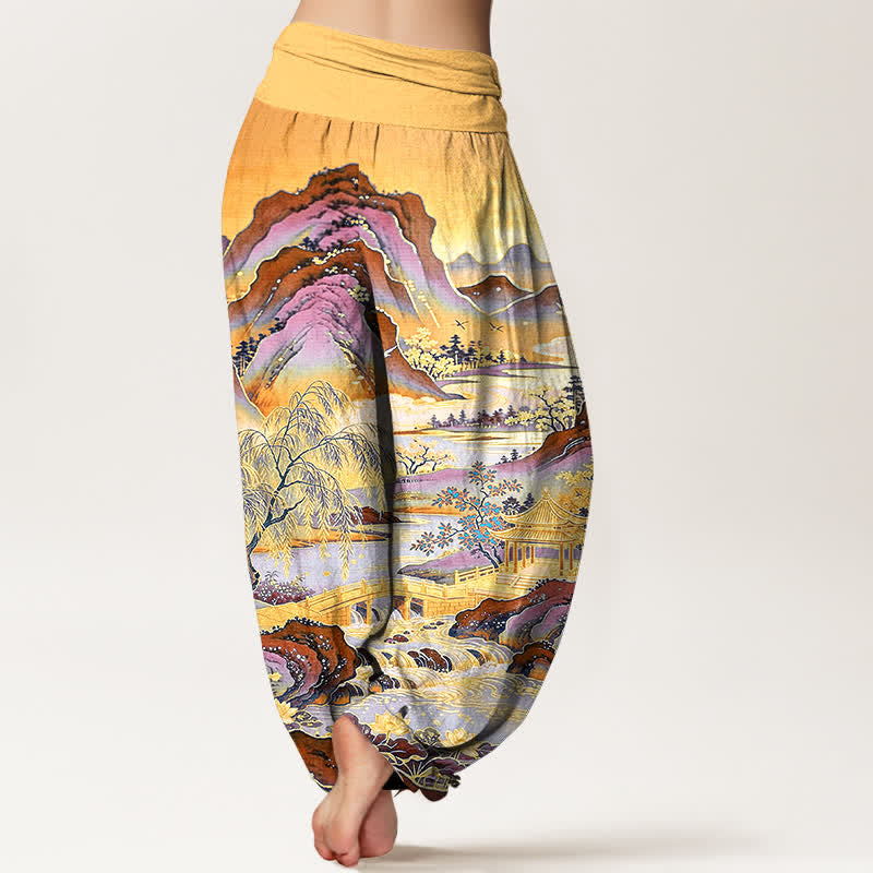 Buddha Stones Cotton Oriental Landscape Painting Pattern Women's Elastic Waist Harem Pants - image 7