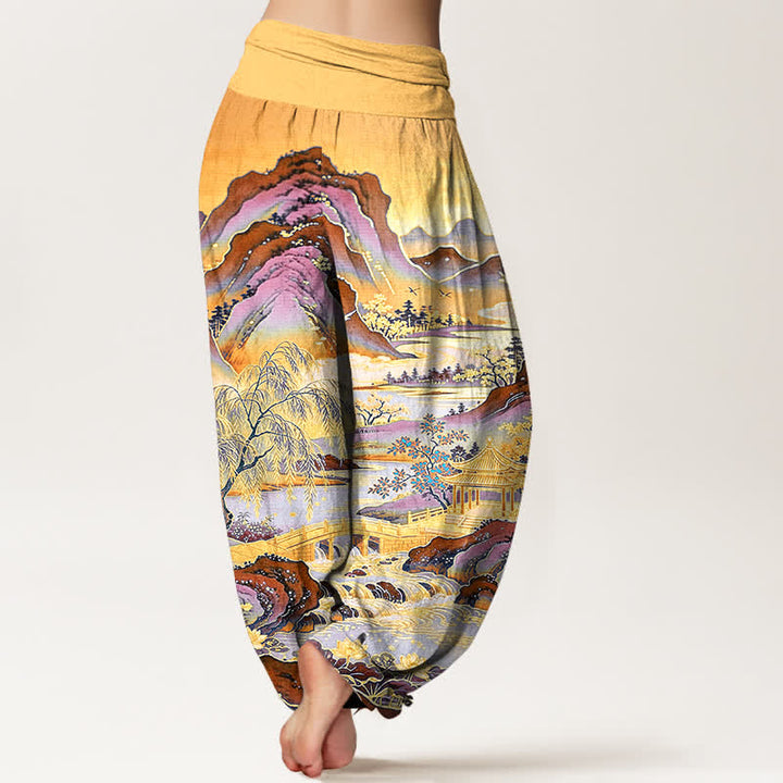 Buddha Stones Cotton Oriental Landscape Painting Pattern Women's Elastic Waist Harem Pants - image 7