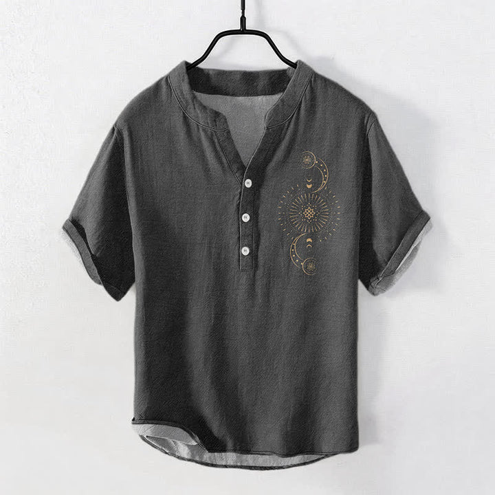 Buddha Stones Cotton Sun Moon Star Pattern Men's Short Sleeve Half Button Shirt - Black - US/UK/AU50，EU60 (5XL) - image 5