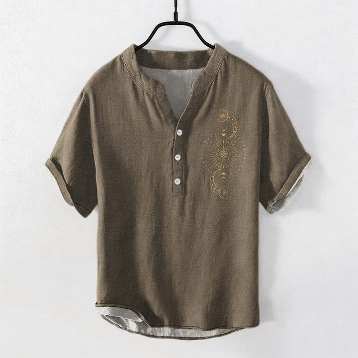Buddha Stones Cotton Sun Moon Star Pattern Men's Short Sleeve Half Button Shirt - Sienna - US/UK/AU50，EU60 (5XL) - image 7
