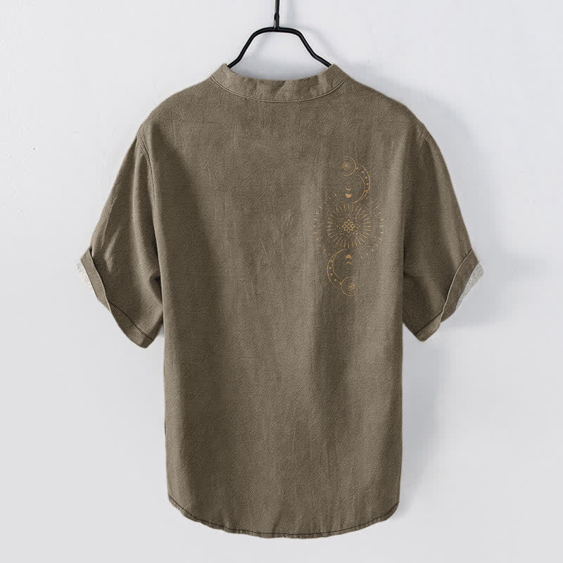 Buddha Stones Cotton Sun Moon Star Pattern Men's Short Sleeve Half Button Shirt - image 8