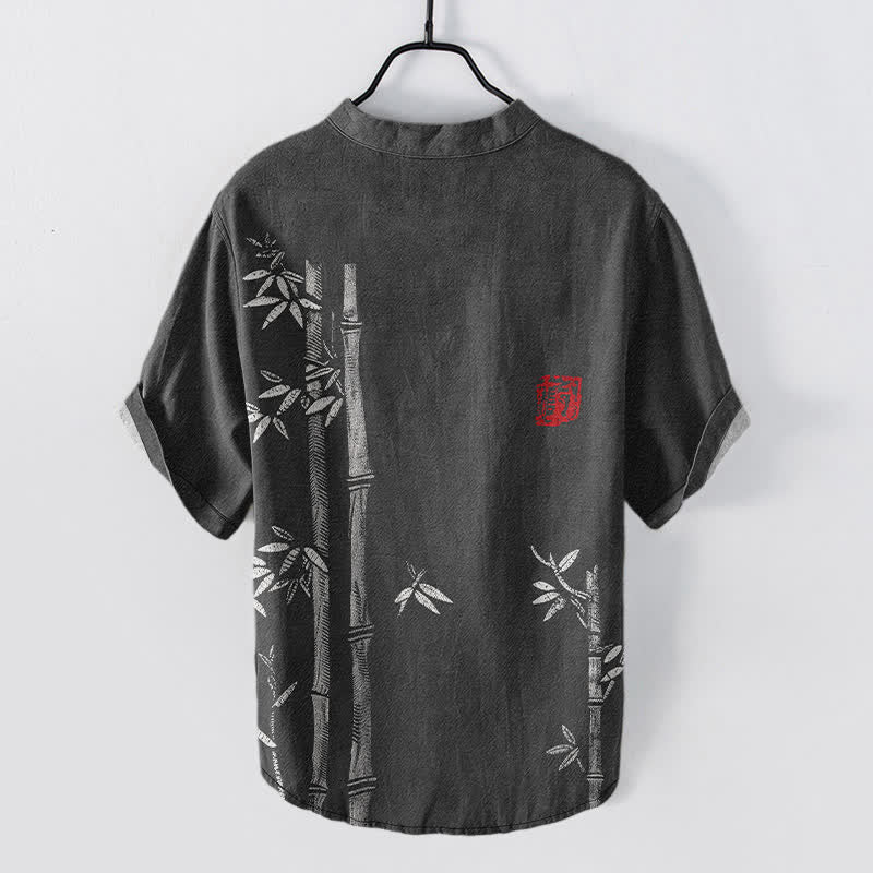 Buddha Stones Cotton Ink Bamboo Pattern Men's Short Sleeve Half Button Shirt - image 1
