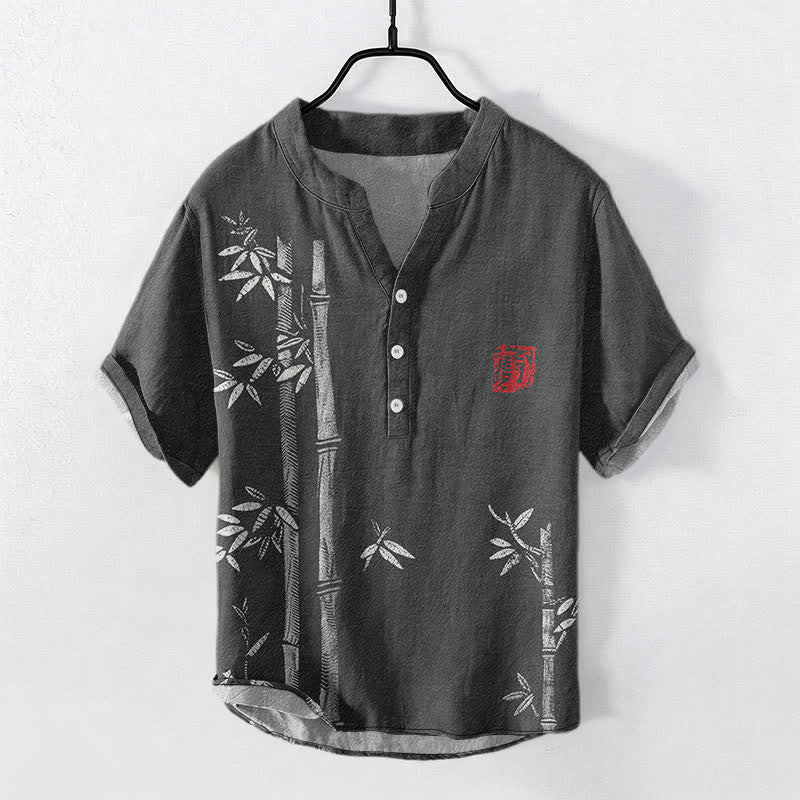 Buddha Stones Cotton Ink Bamboo Pattern Men's Short Sleeve Half Button Shirt - Black - US/UK/AU50，EU60 (5XL) - image 0
