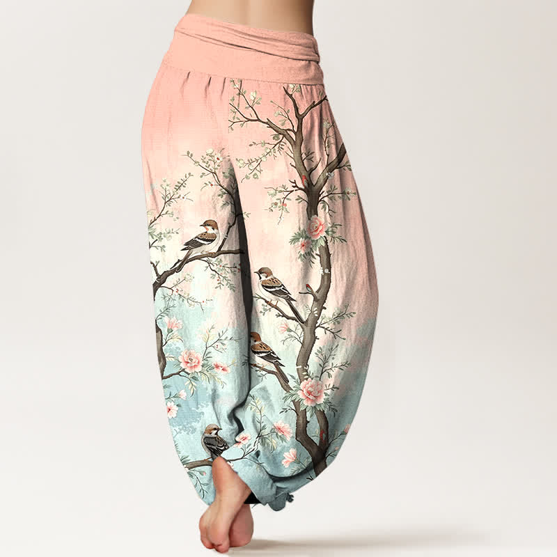 Buddha Stones Cotton Oriental Blossom Bird Branch Pattern Women's Elastic Waist Harem Pants - image 2