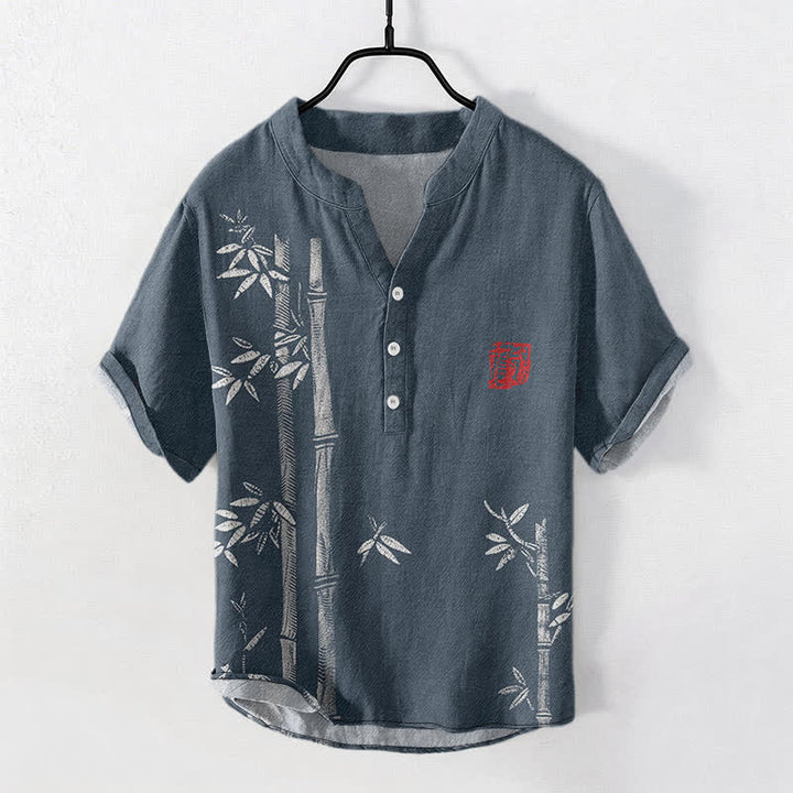 Buddha Stones Cotton Ink Bamboo Pattern Men's Short Sleeve Half Button Shirt - SteelBlue - US/UK/AU50，EU60 (5XL) - image 5