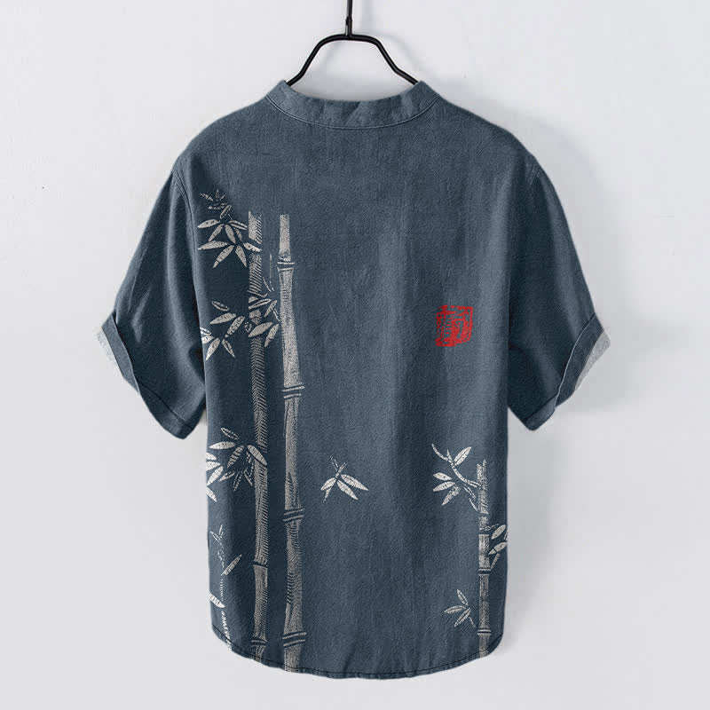 Buddha Stones Cotton Ink Bamboo Pattern Men's Short Sleeve Half Button Shirt - image 6