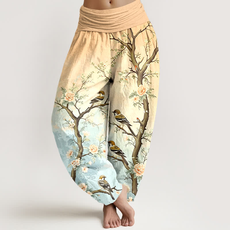 Buddha Stones Cotton Oriental Blossom Bird Branch Pattern Women's Elastic Waist Harem Pants - Wheat - US16，UK/AU20，EU48 (3XL) - image 5