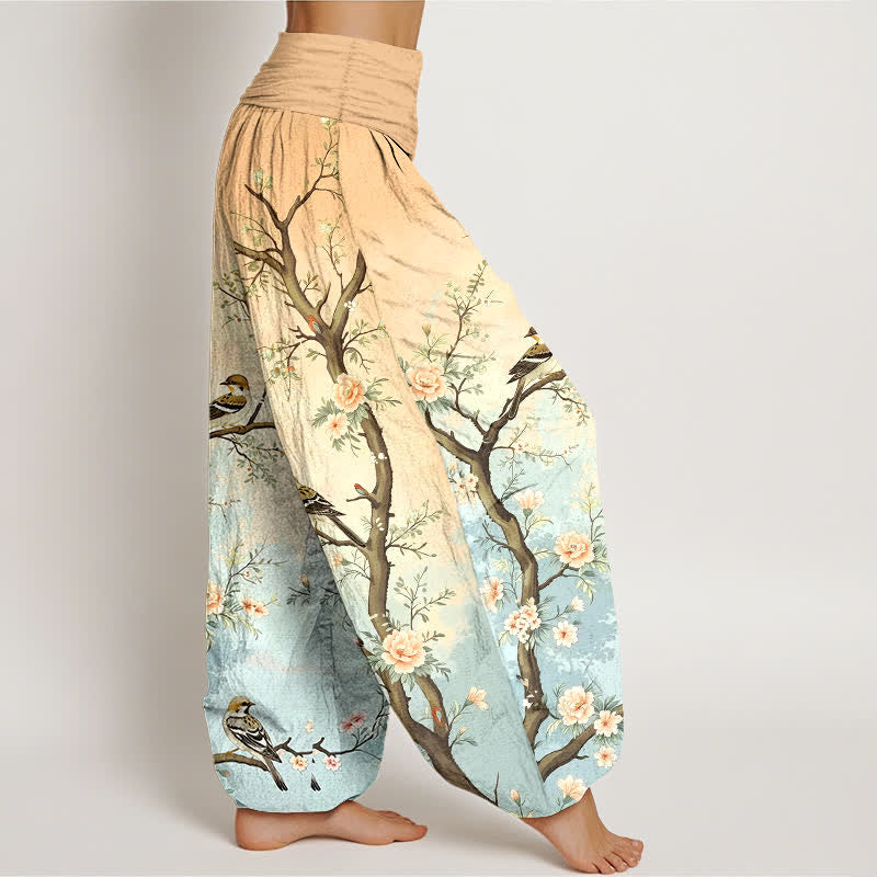 Buddha Stones Cotton Oriental Blossom Bird Branch Pattern Women's Elastic Waist Harem Pants - image 6