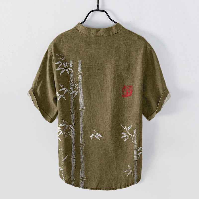 Buddha Stones Cotton Ink Bamboo Pattern Men's Short Sleeve Half Button Shirt - image 8